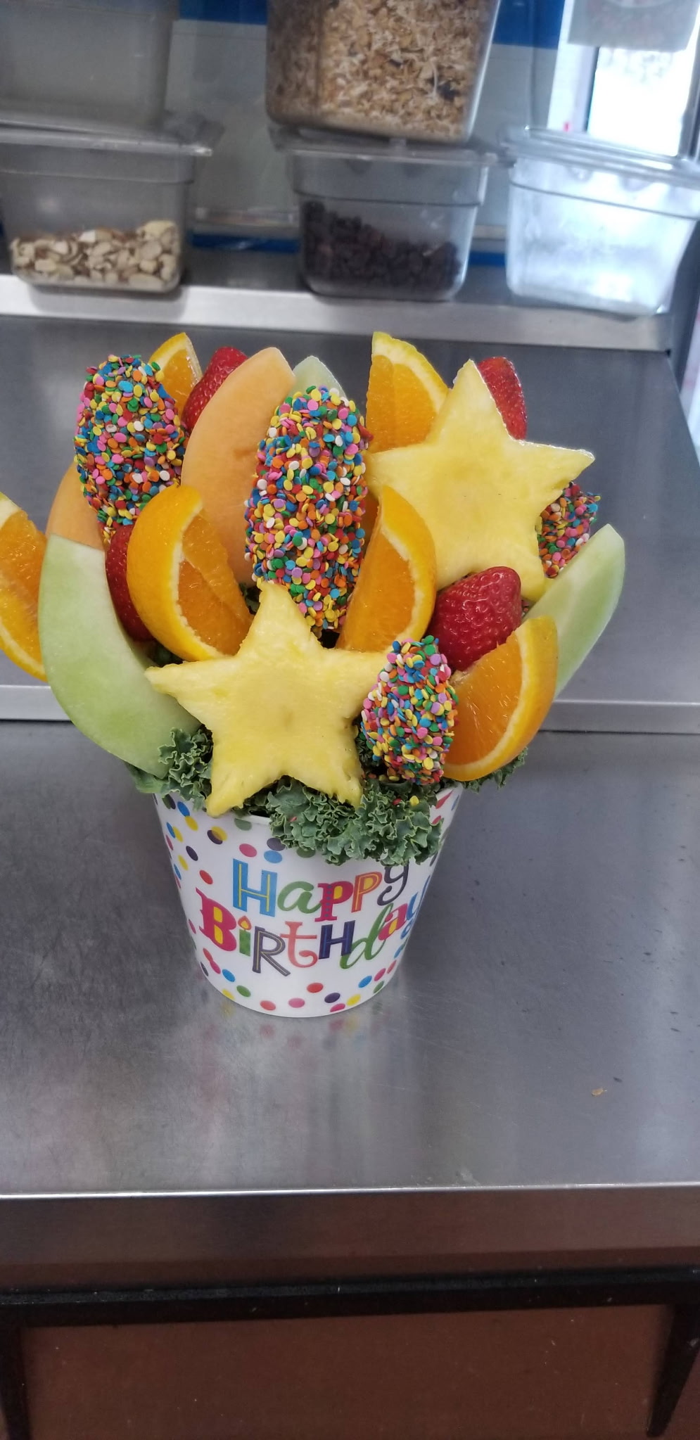 Birthday fruit bouquet cup with sprinkles